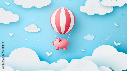 Piggy Bank Soaring: A Simple Illustration of a Piggy Bank Floating Amongst Clouds, Signifying Financial Aspirations and Dreams