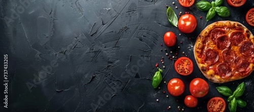 Small pepperoni pizza adorned with tomatoes and basil sits against a striking black background, leaving ample blank space for text or design overlays
