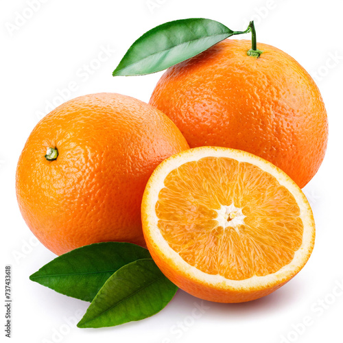 Ripe oranges with leaves isolated on white background. Clipping Path