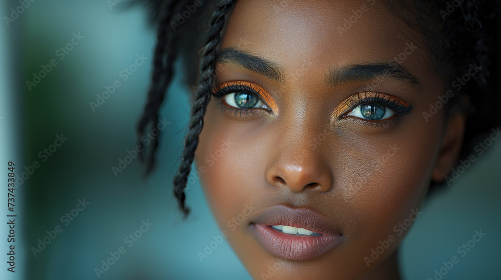 Beautiful Afro American girl with beautiful blue eyes. Selective focus. Copy space. Beauty and cosmetology concept. Beautiful Afro American girl with beautiful blue eyes. Selective focus. Copy space. Beauty and cosmetology concept.