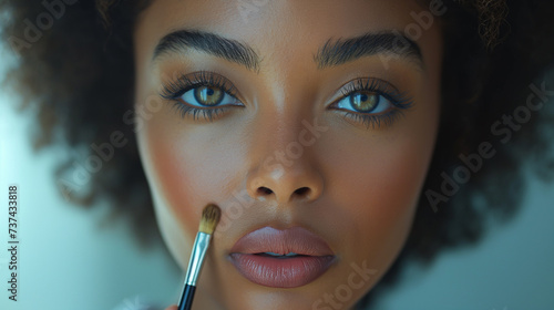 American black young beautiful girl with curly hair and beautiful green eyes making up. Selective focus. Copy space. Beauty and cosmetology concept. 
