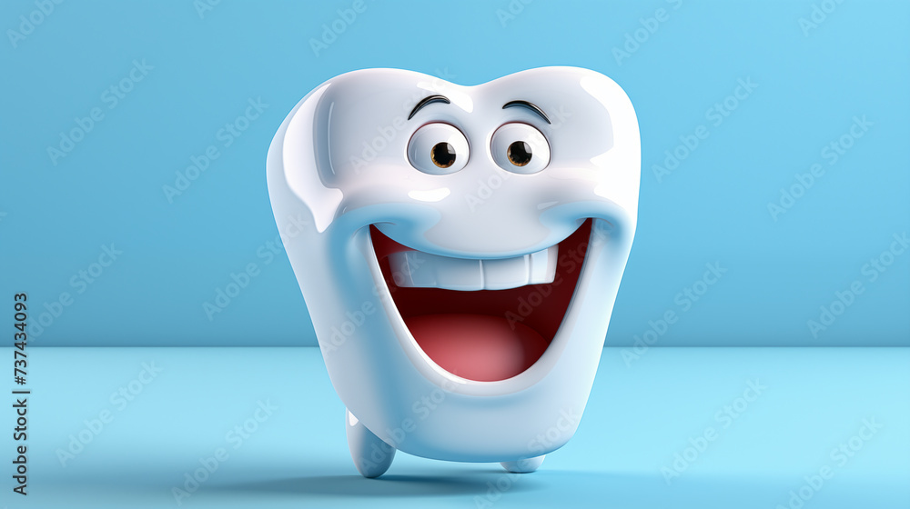 Tooth care concept. Dentist work. Cute smiling cartoon tooth on blue background. Selective focus. Copy space. Tooth care concept. Dentist work. Cute smiling cartoon tooth on blue background. Selective focus. Copy space.