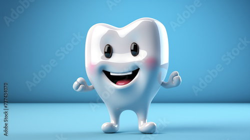Funny smiling cartoon tooth os on blue background. Tooth care concept. Dentist work. Selective focus. Copy space 
