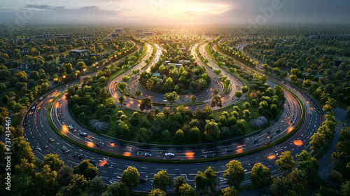 Arial top view of Modern transportation with Expressway, Road and Roundabout, multilevel junction highway-Top view. Important infrastructure.generative ai photo