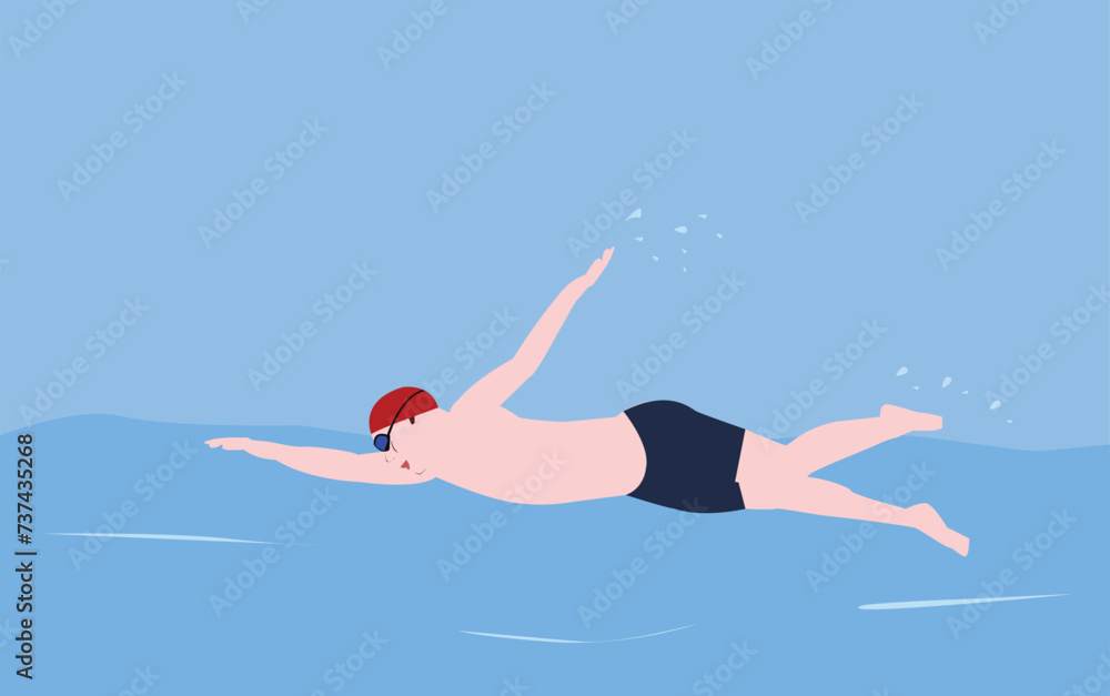 Naklejka premium man with hat swims in the sea