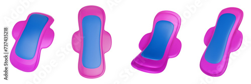 Set colorful women menstrual pad different view in bright cartoon 3d style. Cute modern minimal vector illustration.