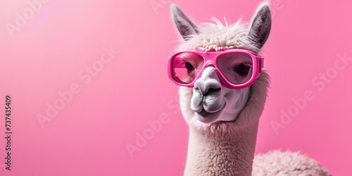 Funny alpaca wearing in pink sunglasses on pink background with copy space. photo