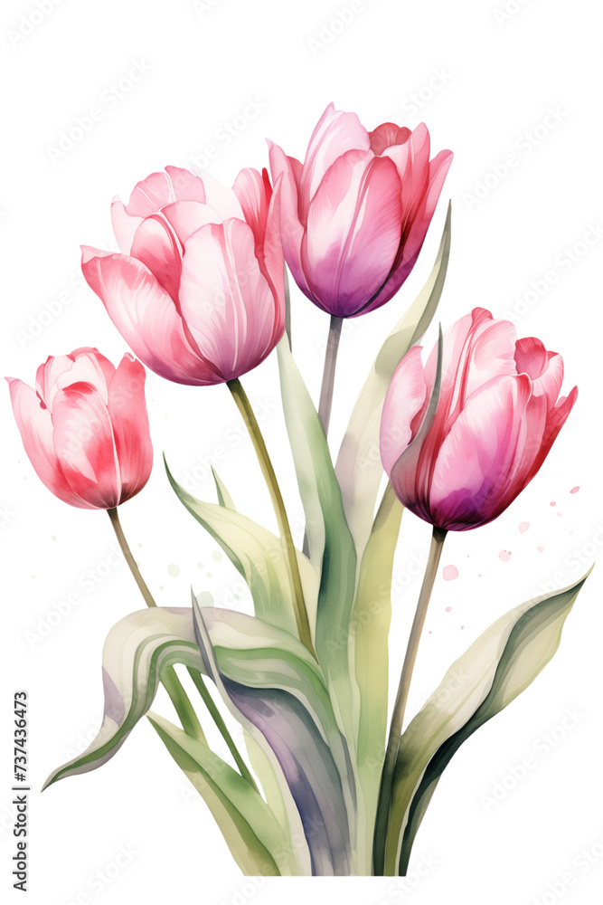 Naklejka premium Watercolor tulips. Pink floral arrangement isolated botanical illustration. Blossom tulip flowers design.