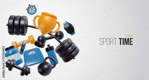 Healthy lifestyle art composition with various sport equipments in realistic 3d style. Background for banner. Vector illustration.