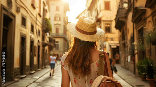 Beautiful tourist young woman walking in Florence city street on summer, Italy, tourism travel holiday vacations concept in Europe