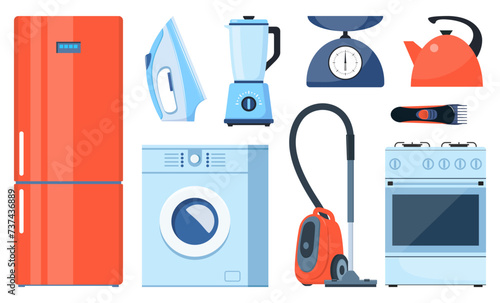 Home appliance set. Household electric devices collection. Refrigerator, stove, coffee machine, washing machine, vacuum cleaner, iron, blender, kettle, scale. Domestic equipment. Vector illustration.