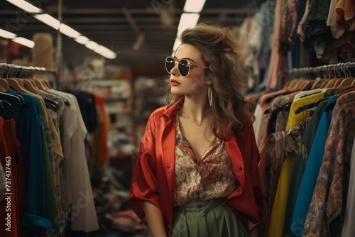 Young woman standing in front of a rack of clothes in Secondhand clothing store. Vintage clothes in a store on sale. Recycling and life extension for clothes concept. Generative ai