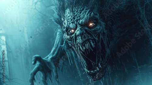 A werewolf with glowing eyes snarls in a dark, rainy forest. Its long fingers grip a branch, and it has sharp teeth. The image has a blue hue. © ProPhotos