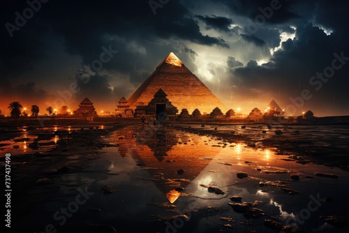 Pyramid background during a thunderstorm and dark clouds