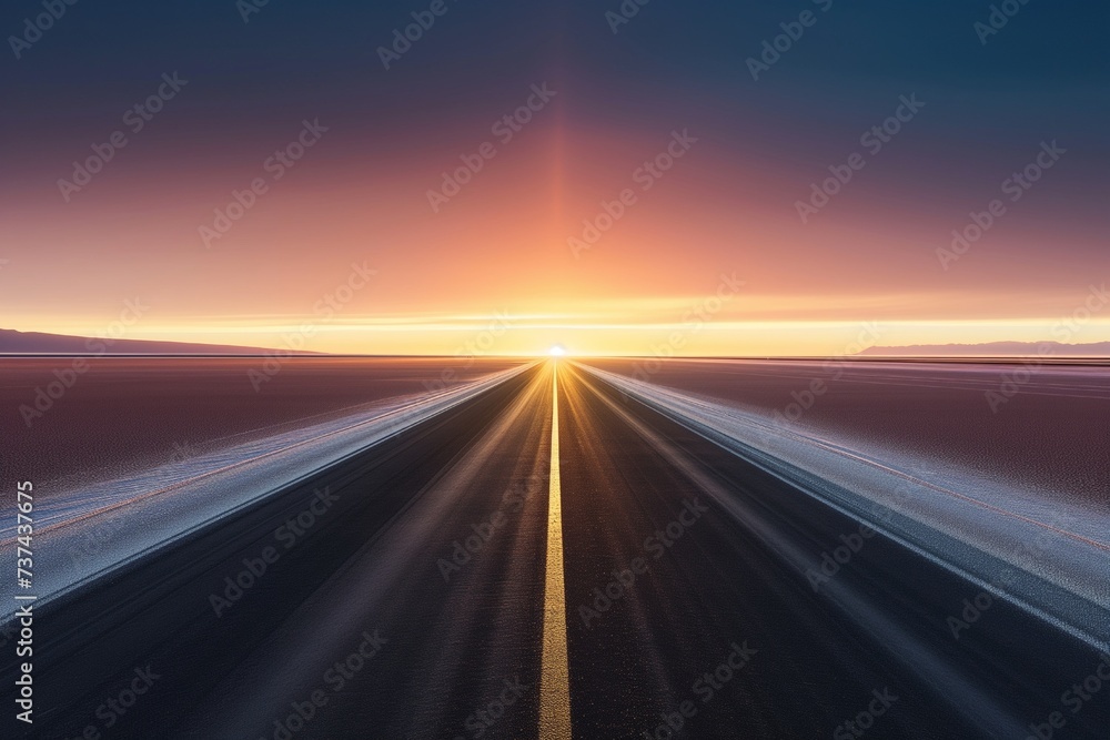 A straight road in the desert heading towards a sunrise, with the early rays of light casting a shimmering effect on a distant salt flat.