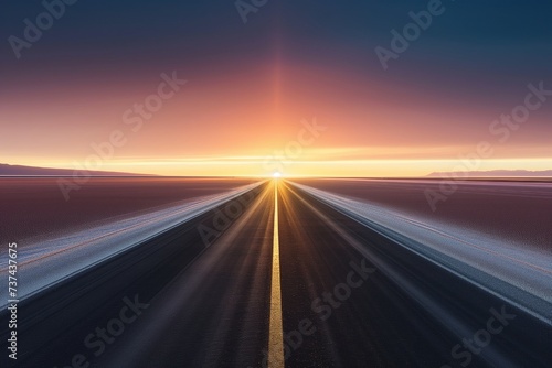 A straight road in the desert heading towards a sunrise, with the early rays of light casting a shimmering effect on a distant salt flat.