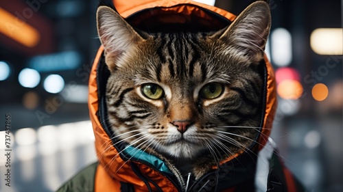 portrait of a cat in a windbreaker against the backdrop of the night city