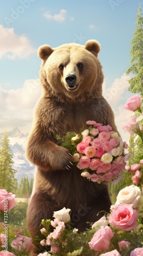 A large brown bear stands in a field of roses, holding a bouquet of roses in its paws. Concept: Valentine's Day. © ProPhotos