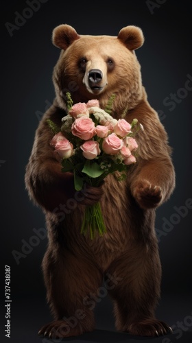 A brown bear stands upright, holding a bouquet of pink roses in its paws. Concept: Valentine's Day. © ProPhotos