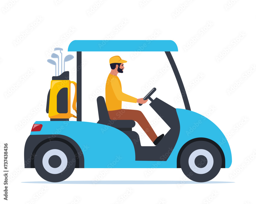 Electric golf car with golf club bag. Transport, vehicle for playing golf. Vector illustration.