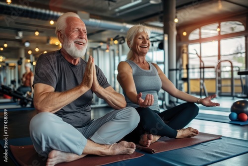 elderly woman and man practicing yoga, indoors.