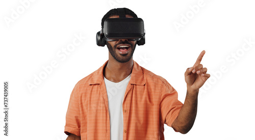 African man, virtual reality glasses and point with finger, click or isolated in futuristic ui by transparent png background. Person, AR goggles and smile for 3D user experience in metaverse with app