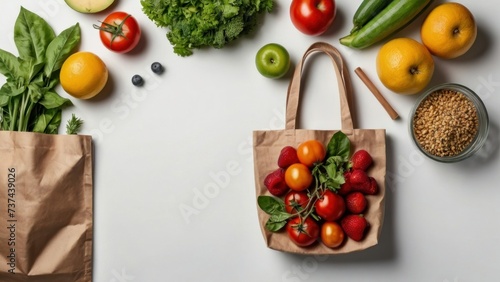 Shopping bag with healthy food on white background with copy space top view. generative, ai.