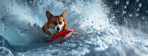 Stampa su tela a cute corgi as it enjoys bobsledding with a cool face, its full body figure gliding down the snowy slope with a playful expression that radiates joy and excitement