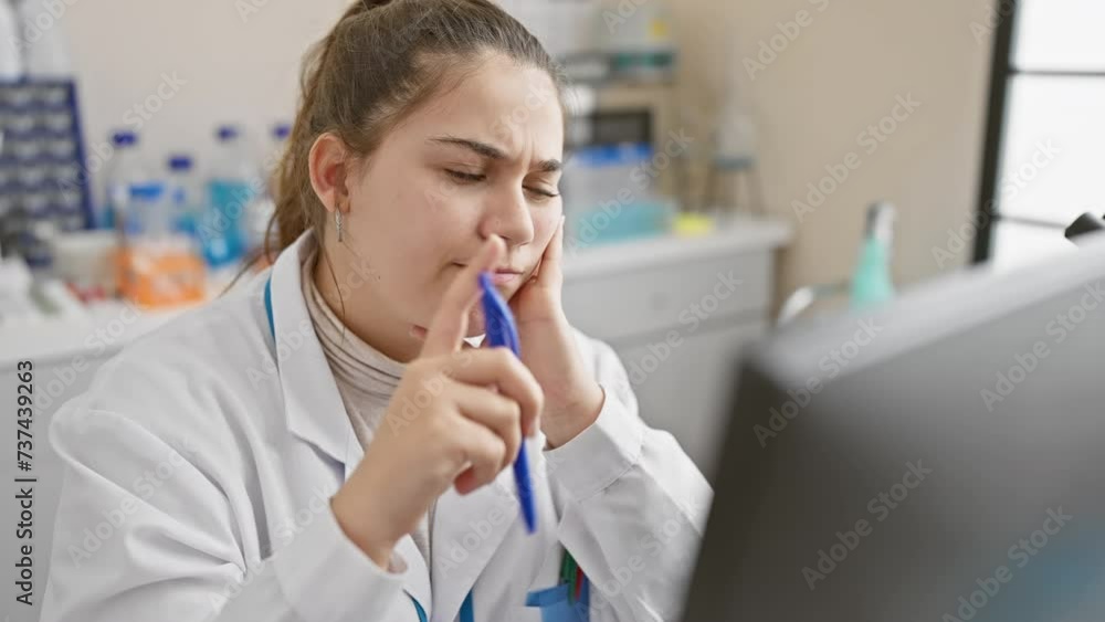 Pensive woman scientist analyzing data on computer in laboratory Pensive woman scientist analyzing data on computer in laboratory