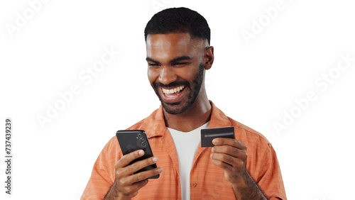 Happy man, phone and credit card with banking app for online shopping or payment on a transparent PNG background. Excited male person with smile on mobile smartphone for ecommerce or transaction photo