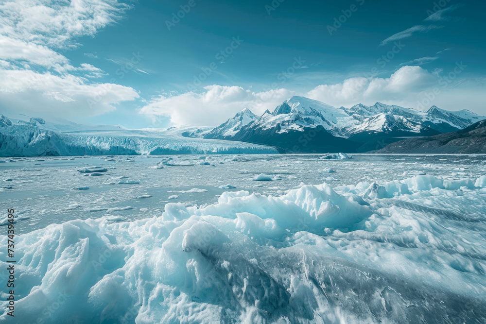 glacier melting due to global warming. The ice is cracking and breaking apart, and there are mountains in the background glacier melting due to global warming. The ice is cracking and breaking apart, and there are mountains in the background