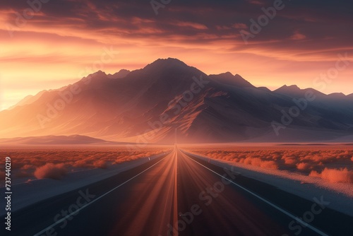 A straight desert highway approaching a fiery sunset that bathes the mountains in a soft glow.