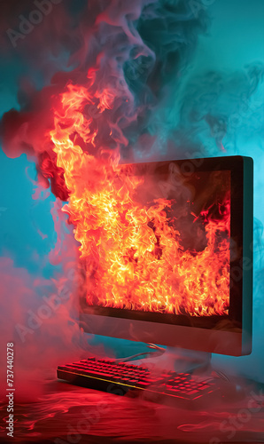 modern laptop burning, pc emergency and accident concept, data and information loss background