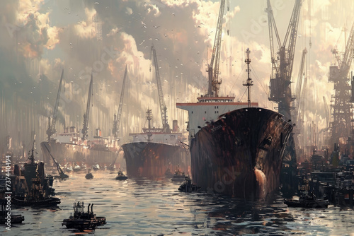 group of oil tankers in a port waiting to be filled with oil