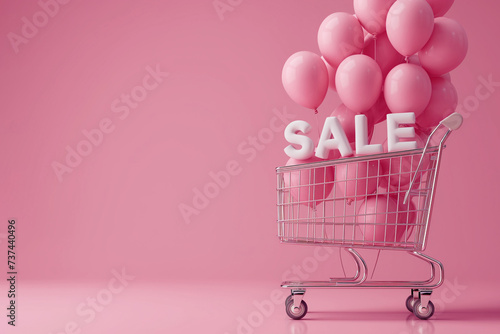 Shopping cart with sign SALE and inflatable helium balloons on pink background. Sale, Black Friday concept, shopping season, purchase, discounts, shopaholic. Promotion, marketing