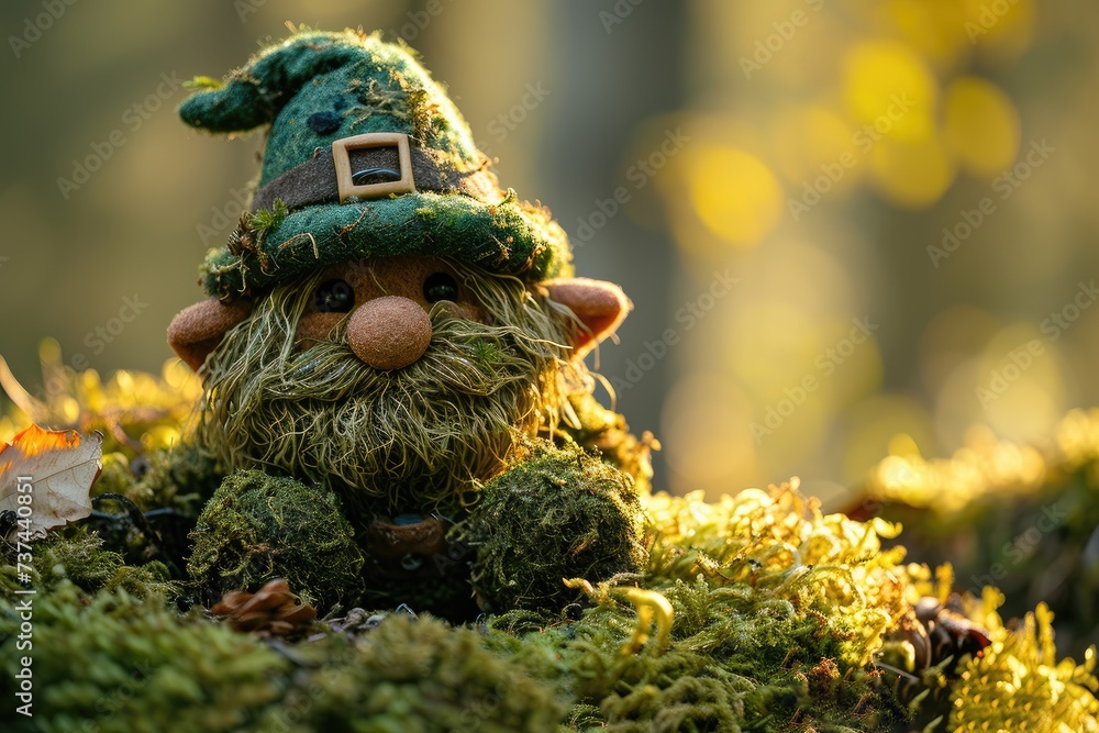 A toy leprechaun in a green hat sits on moss in the forest. St. Patrick's Day card