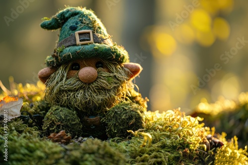 A toy leprechaun in a green hat sits on moss in the forest. St. Patrick's Day card