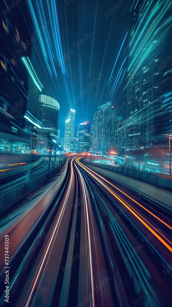 Obraz premium railway train blurred motion perspective, speed and dynamics of big city, urban traffic concept