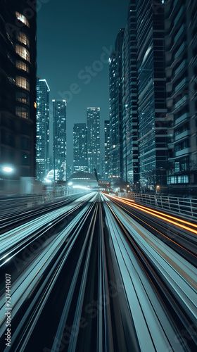 railway train blurred motion perspective, speed and dynamics of big city, urban traffic concept