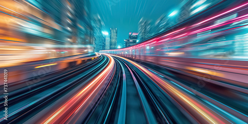railway train blurred motion perspective, speed and dynamics of big city, urban traffic concept