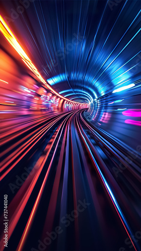 railway train blurred motion perspective, speed and dynamics of big city, urban traffic concept