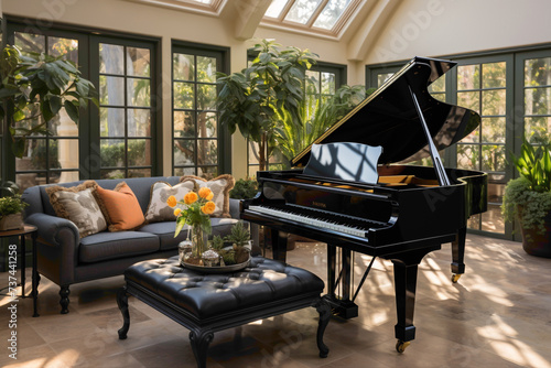 Step into a simple and attractive room adorned with a grand piano, set against a soft background that enhances the musical ambiance.