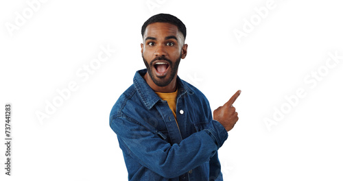 Fotografie Black man, surprise and portrait with hand pointing with shock from advertisement and news