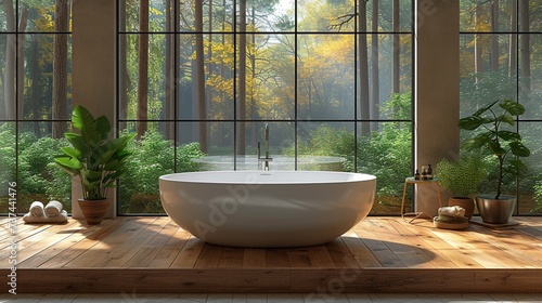 3d render of modern bathroom interior with bathtub and plants.AI.