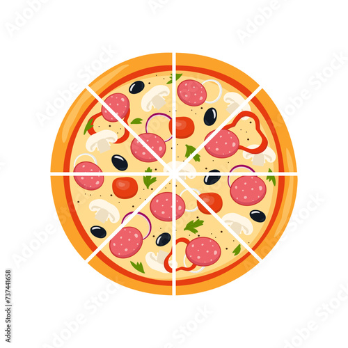 Fresh round pizza cut into triangular pieces. Pizza with tomato, cheese, olive, sausage, onion, basil. Traditional Italian fast food. Top view meal. Vector illustration.
