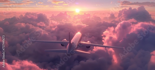 airplane in the beautiful pink clouds