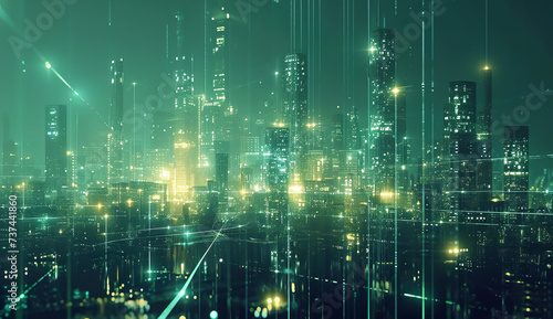 skyline of futuristic electronic night smart city at night, cyberspace and network concept