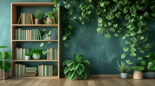 Cozy Home Interior with Lush Greenery and Wooden Bookshelf