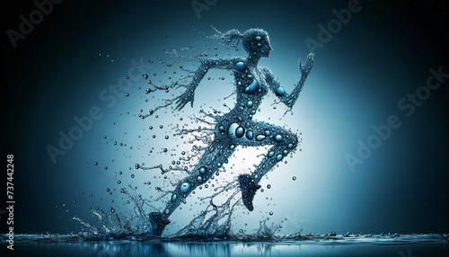 Dynamic figure made of water splashes captured in motion, conveying a sense of fluidity and life in a still image, against a dark background. Artistic representation of sport. AI generated.