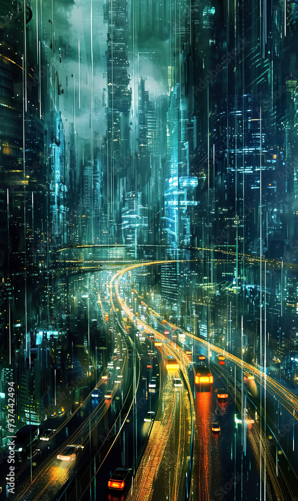 Fototapeta premium skyline of futuristic electronic night smart city at night, cyberspace and network concept